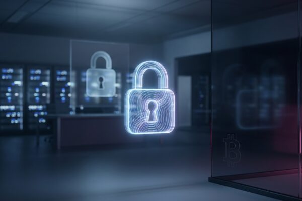 Ilustración: a dark fintech office with a glowing digital lock motif. Ilustración generada con IA.