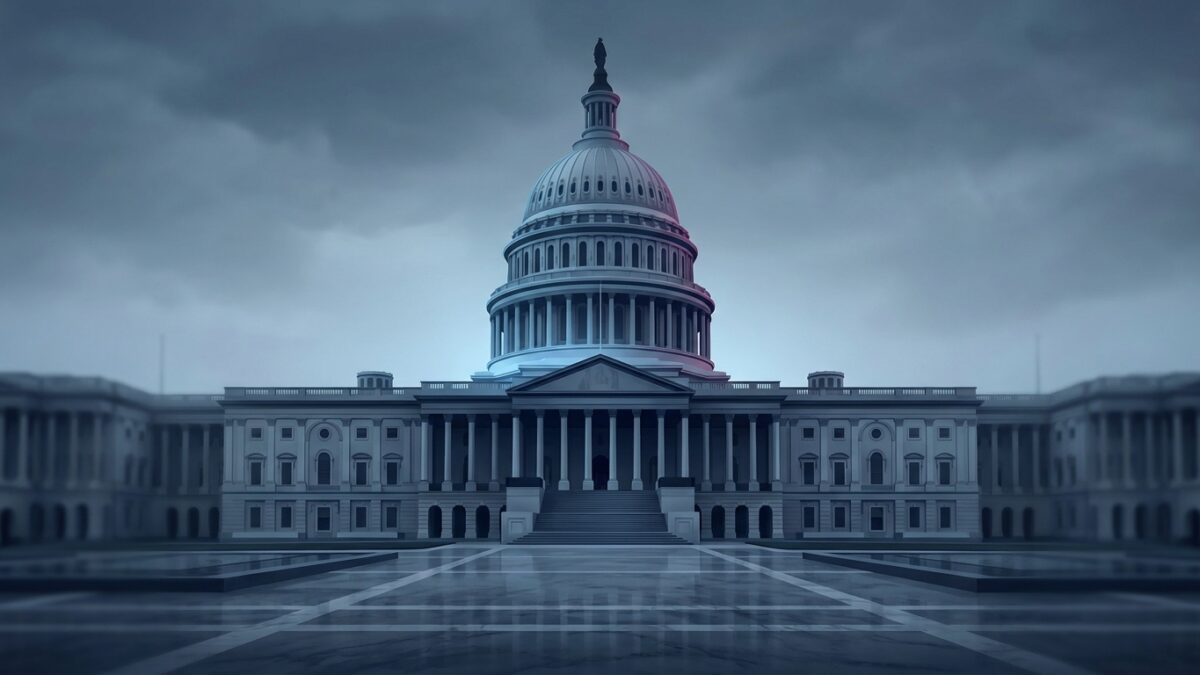 Ilustración: the United States Capitol building under a cloudy sky. Ilustración generada con IA.