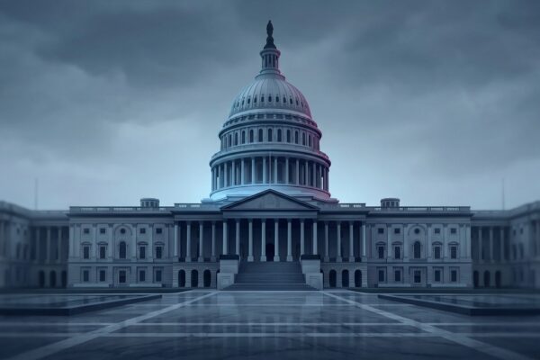 Ilustración: the United States Capitol building under a cloudy sky. Ilustración generada con IA.
