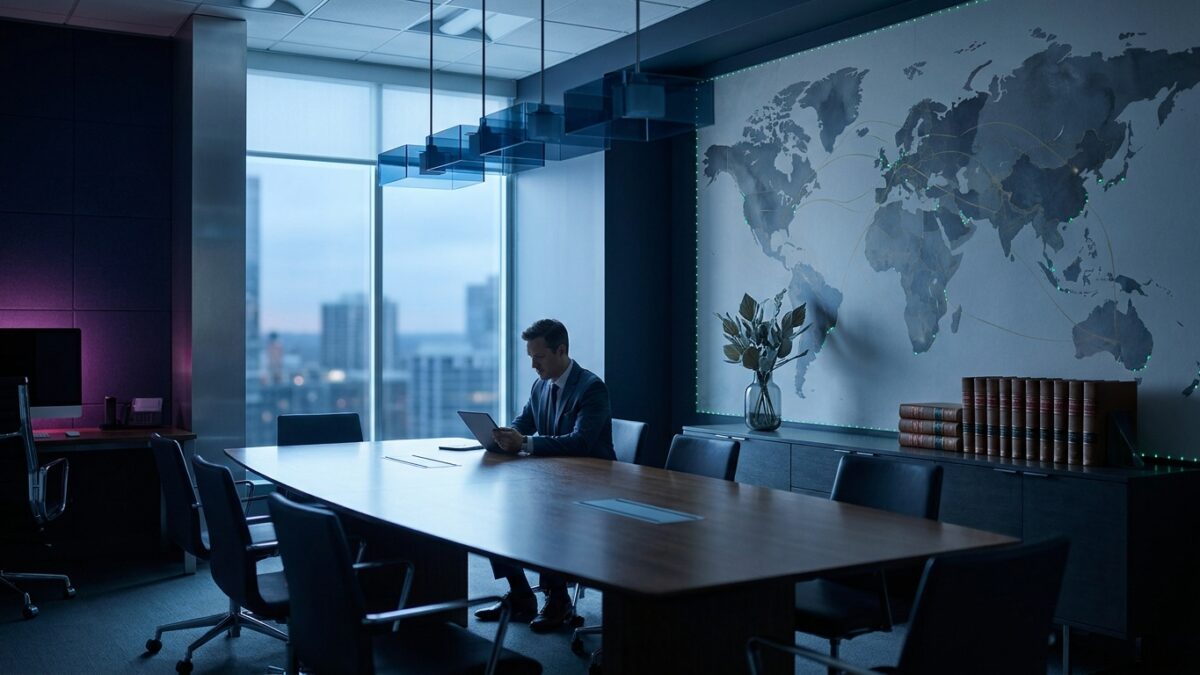 Ilustración: a modern private credit fund office interior with global finance atmosphere. Ilustración generada con IA.