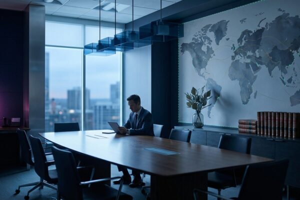 Ilustración: a modern private credit fund office interior with global finance atmosphere. Ilustración generada con IA.