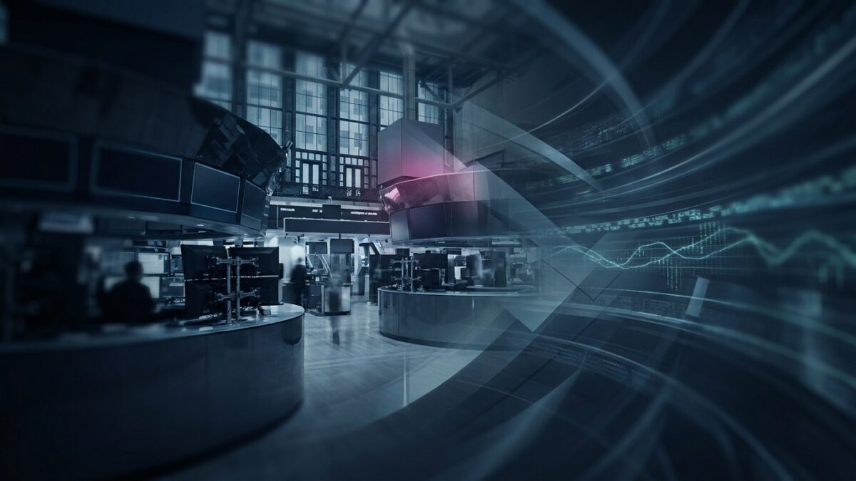 Ilustración: a modern stock exchange trading floor blending into abstract digital light. Ilustración generada con IA.