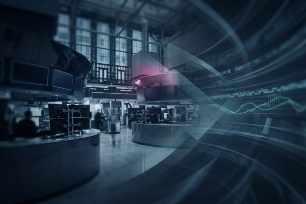 Ilustración: a modern stock exchange trading floor blending into abstract digital light. Ilustración generada con IA.