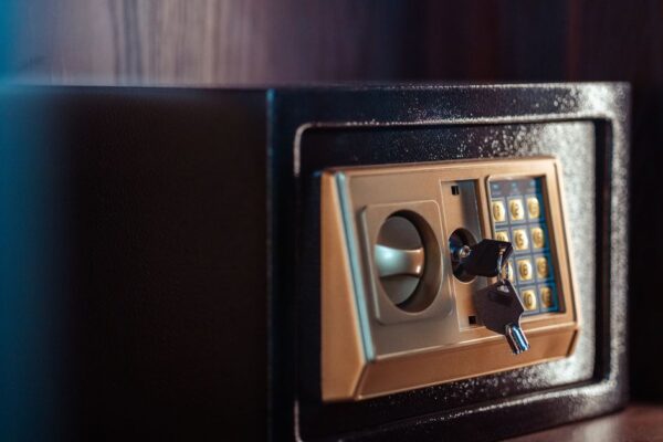Close-up image of an electronic safe with a key in Baghdad, Iraq.