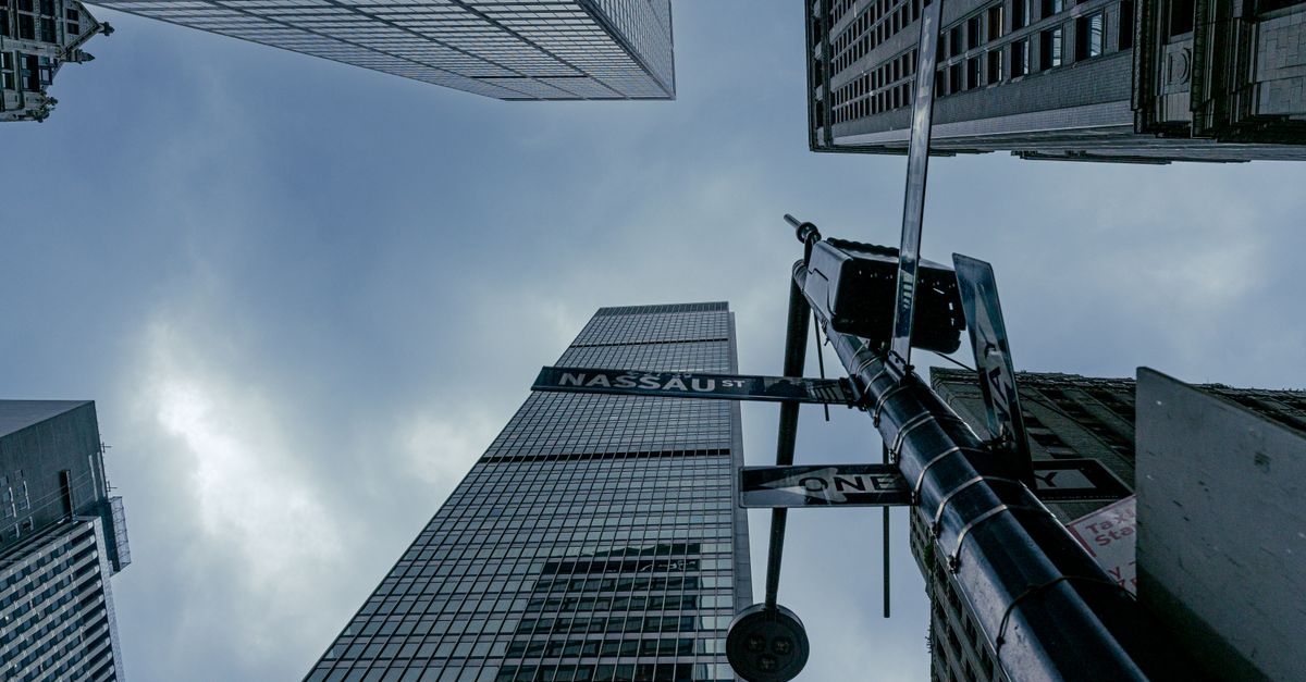 View of skyscrapers from street level at Nassau Street, New York City.