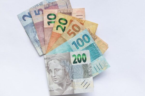 A fan arrangement of colorful Brazilian Real banknotes on a white background showcasing different values.