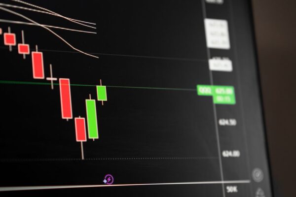Candlestick chart showing a downward trend in the stock market analysis.