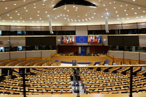 Empty European Parliament auditorium in Brussels, Belgium.