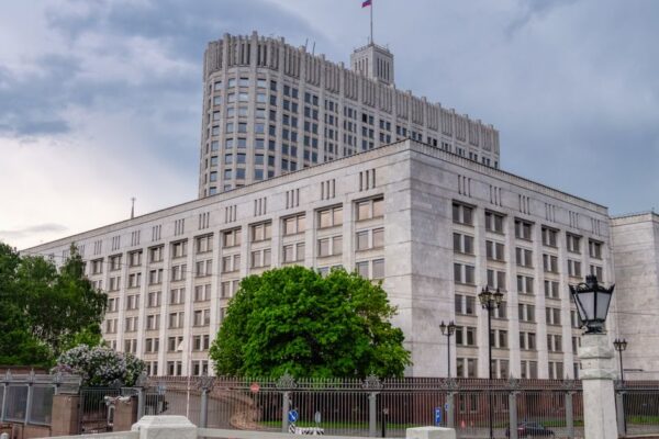 A view of the Russian White House, a prominent government building in Moscow, Russia.