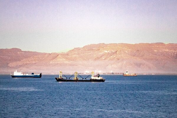 Serene view of cargo ships navigating the Suez Canal with mountains in the background.