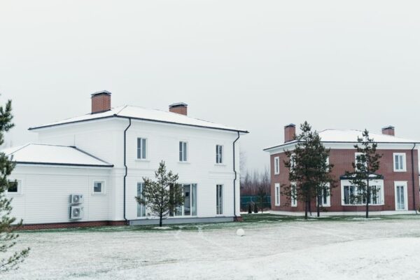Two modern houses in a snowy winter scene with pine trees.