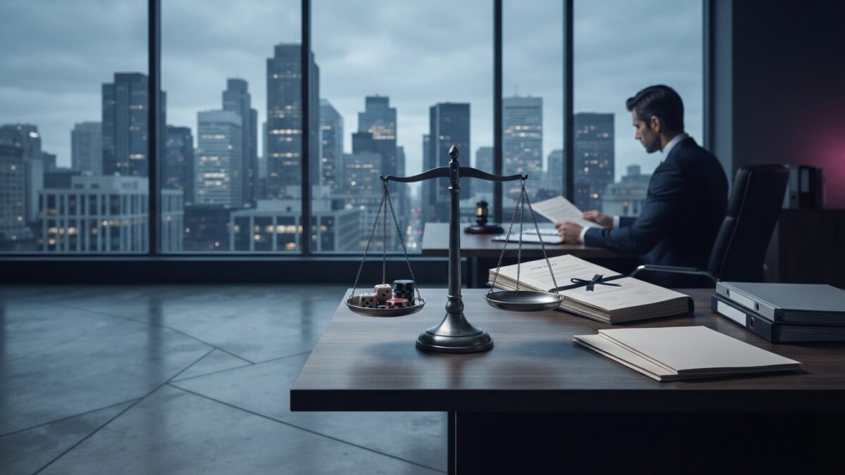 Ilustración: a federal regulatory office with a view of the city skyline. Ilustración generada con IA.