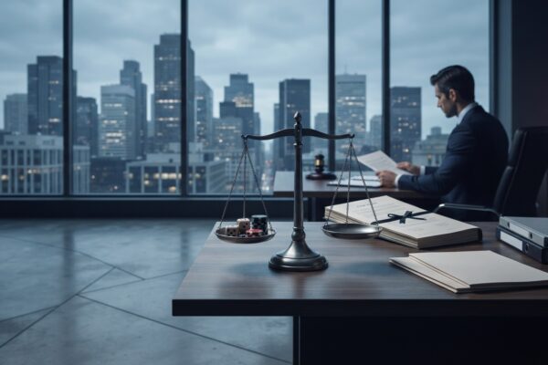 Ilustración: a federal regulatory office with a view of the city skyline. Ilustración generada con IA.
