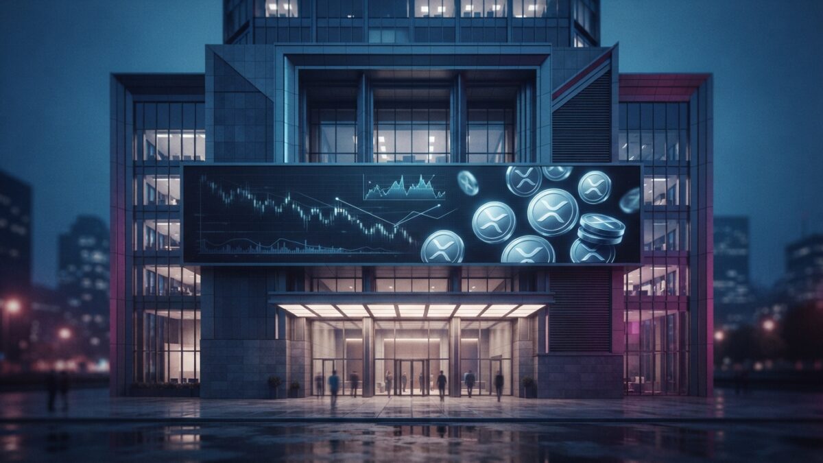 Ilustración: a modern stock exchange facade with a large digital ticker board at dusk. Ilustración generada con IA.