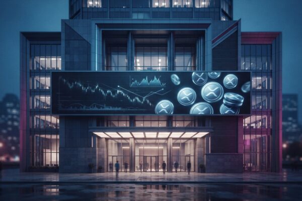 Ilustración: a modern stock exchange facade with a large digital ticker board at dusk. Ilustración generada con IA.