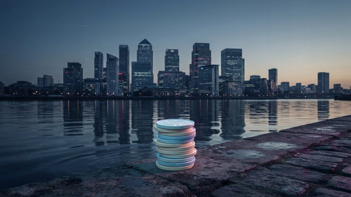 Ilustración: a dim financial district skyline reflected in still water at dusk. Ilustración generada con IA.