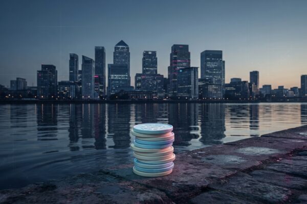 Ilustración: a dim financial district skyline reflected in still water at dusk. Ilustración generada con IA.