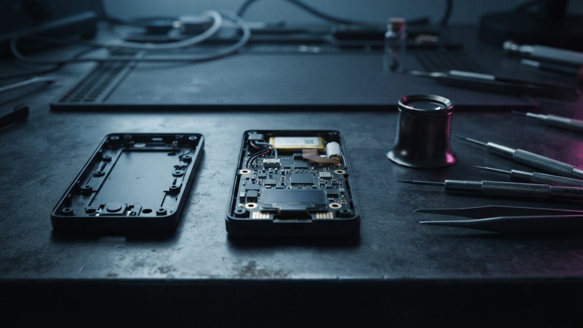 Ilustración: a dim workbench with a disassembled hardware wallet device. Ilustración generada con IA.