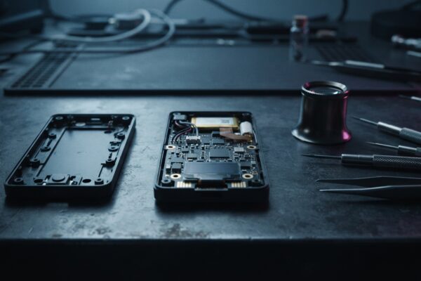Ilustración: a dim workbench with a disassembled hardware wallet device. Ilustración generada con IA.