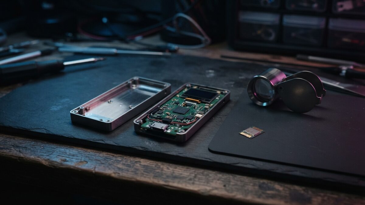 Ilustración: a dimly lit electronics workbench with a disassembled hardware wallet device. Ilustración generada con IA.