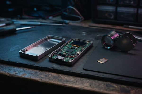 Ilustración: a dimly lit electronics workbench with a disassembled hardware wallet device. Ilustración generada con IA.