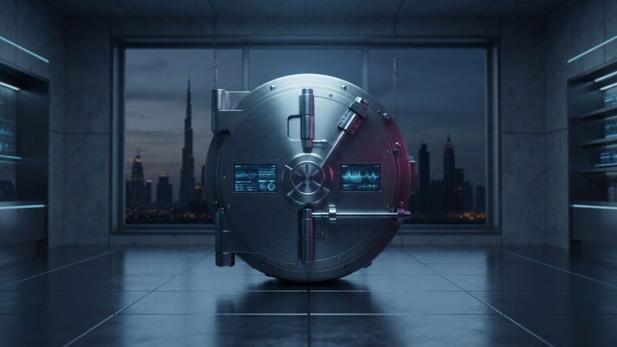 Ilustración: a modern bank vault interior with a view of the Dubai skyline. Ilustración generada con IA.