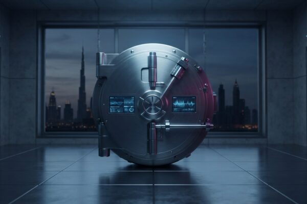 Ilustración: a modern bank vault interior with a view of the Dubai skyline. Ilustración generada con IA.